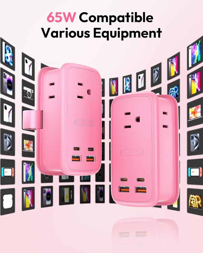 NTONPOWER GAN Ultra 65W Pink Fast Charging Station, Travel Power Strip with 3 Outlets 4 USB (2 USB C), Pink Extension Cord 4Ft, Kawaii Cute Accessories Compatible with MacBook, iPhone