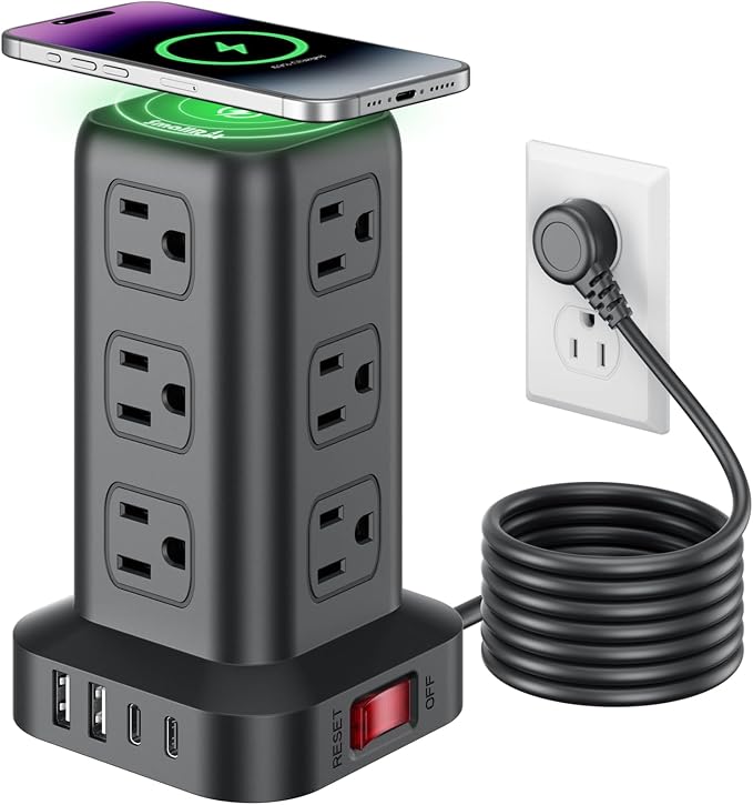 Extension Cord with Multiple Outlets, SMALLRT Surge Protector Power Strip Tower, Outlet Extender with 12 AC Outlets 4 USB, 6.5FT Extension Cord for Home Dorm Room, Office Supplies,Overload Protection