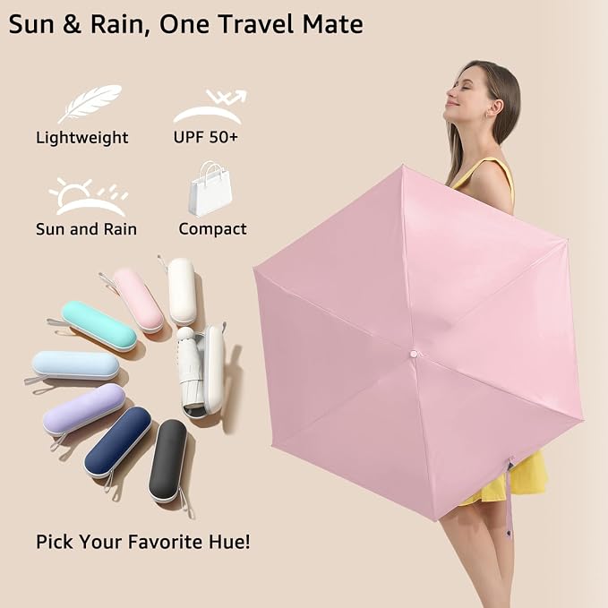 BAODINI Travel Essentials Mini Umbrella for Purse With Case Small Compact UV Sun Protection Lightweight Tiny Pocket Manual Open Close Umbrella for Women Kids and Men Fits Purse Backpack
