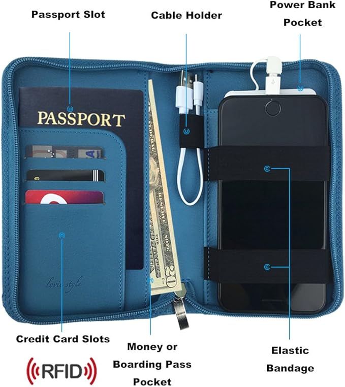 Phone Charging Passport Holder - Travel Wallet with Removable Power Bank holds money, cards, phone, travel docs- RFID Blocking - Compatible with All Phones - Travel Accessories