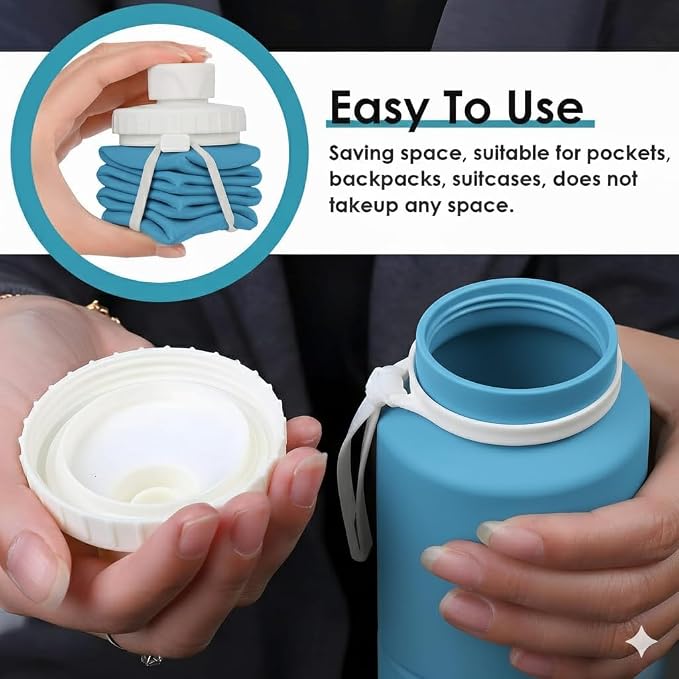 Folding Silicone Water Bottle | Collapsible Travel Water Bottle for Gym, Office, School, Cycling, Hiking & Outdoor Sports | Leak-Proof, Portable Bottle | 600 Ml (Blue)