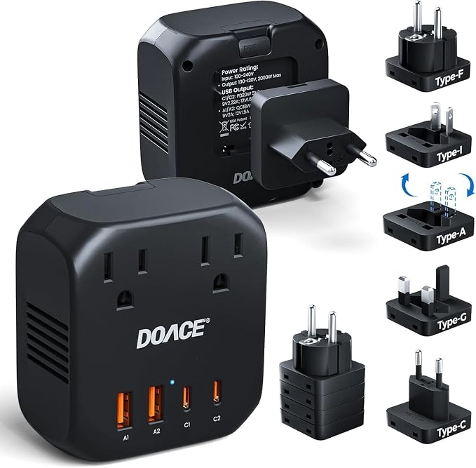 Upgraded 2000W Voltage Converter US to Europe for Hair Dryer - 220V to 110V Converter for European Travel, Power Converter Adapter Combo with 2 PD/QC & UK/AU/US/IT/European Travel Plug Adapters