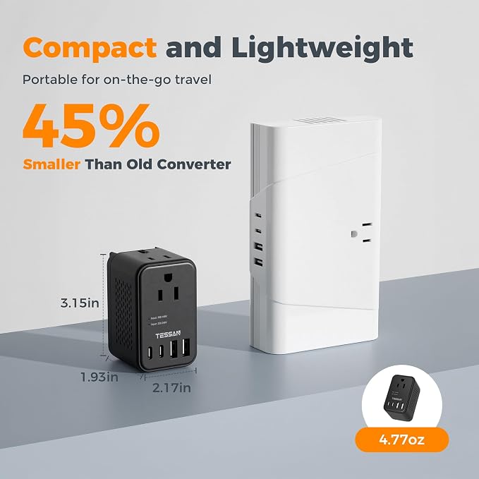 TESSAN 220 to 110 Voltage Converter US to Europe, International Power Adapter with 4 USB Ports(2 USB C), 2 AC and EU/UK/AU Plug Universal Power Converter Adapter Combo, Step Down Transformer Black