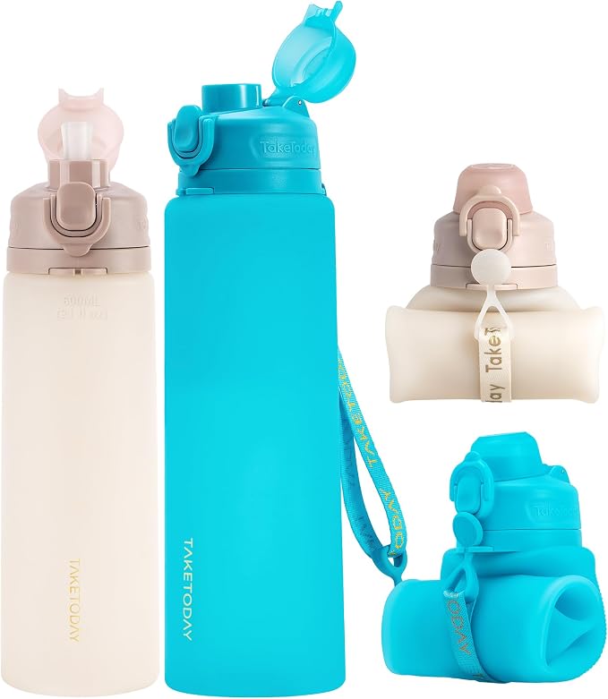 TakeToday Collapsible Water Bottles 32oz Blue and 20oz Desert Sand, Foldable Travel Water Bottle with Strap, BPA Free, Silicone Water Bottle Leakproof for Hiking, International Travel, Outdoors
