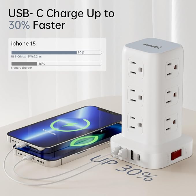 Extension Cord with Multiple Outlets, SMALLRT Flat Plug Surge Protector Power Strip Tower, Outlet Extender with USB 12 AC Outlets, 10FT Ultra Thin Extension Cord for Home Office, Overload Protection