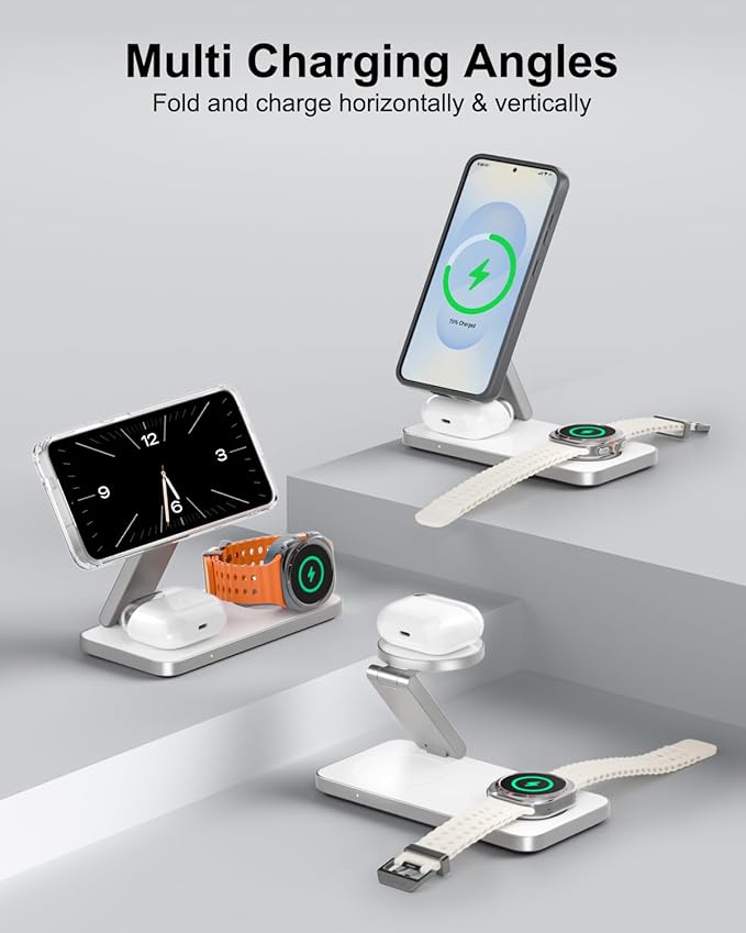 3-in-1 Charging Station for Samsung, Magnetic Fast Wireless Charger Stand Compatible with MagSafe for Galaxy S26/S25/S24/S23/Z Fold/Flip 7 Series, Galaxy Watch Ultra/8/7/6/5, Galaxy Buds Pro/4//3/2