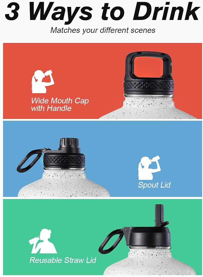 Coolflask 128 oz Gallon Water Bottle Insulated with Straw&3 Lids, Water Jug Large Stainless Steel Metal Vacuum Wide Mouth for Sports, Gym or Office, Non-BPA Keep Cold 48H Hot 24H, Arctic White