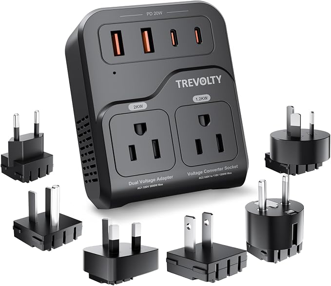 2000W Voltage Converter US to Europe, 220V to 110V Converter for Hair Dryer, 7-in-1 European Travel Plug Adapter with 3AC/2USB-A/2USB-C (PD20W), Travel Essentials