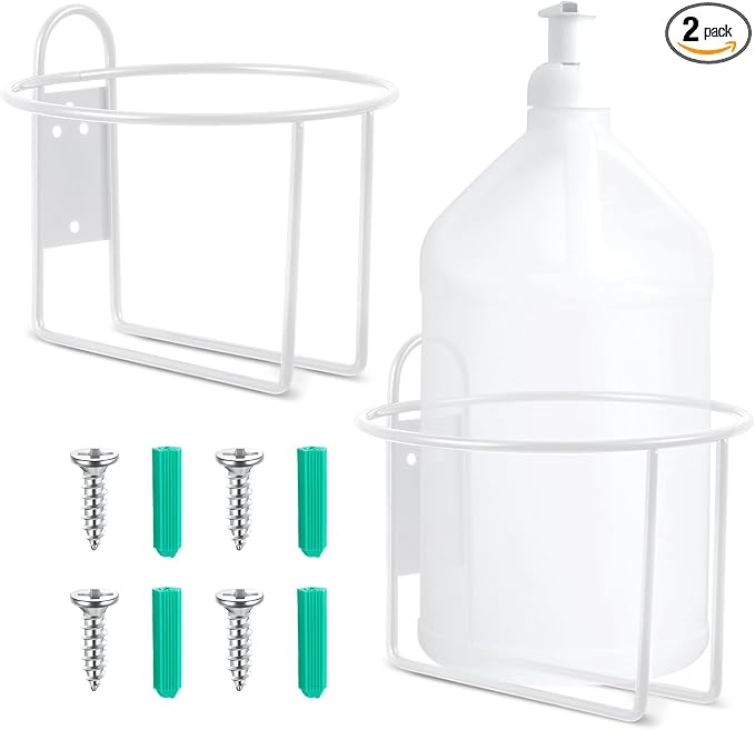 Hicarer 2 Pcs One Gallon Jug Storage Rack Wall Mounted Heavy Duty Steel Wall Rack for 1 Gallon Bottle Round Water Jug Holder with Hardware Hand Sanitizer 6-3/4" W x 5" H x 6-1/2" D (White)