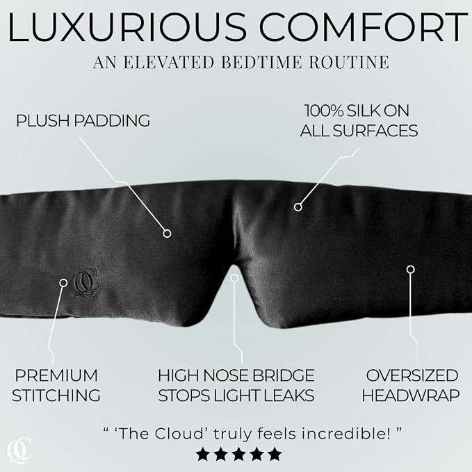 QUIET COVE Plush Luxury Silk Sleep Mask - Sleep Comfortably on Your Side - 22 Momme Mulberry Silk, Total Blackout, Luxe Cloud Filling Soothes Your Eyelids - Luxury Gift (Black)