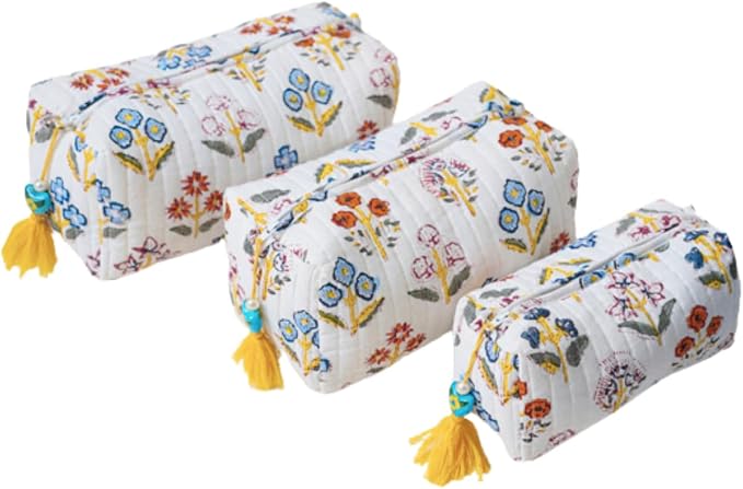 Saffron Marigold Quilted Makeup Bag Set of 3, Hand Block Printed Cotton Cosmetic Bags for Women, Waterproof Lined Travel Toiletry Bag, Coquette Floral Aesthetic, Handmade Gift, Wildflower Fields