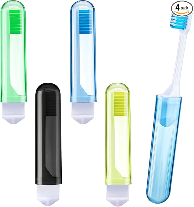 Patelai 4 Pieces Travel Toothbrush Set, Travel Size Toiletries, Soft Bristle Mini Foldable Tooth Brush with Case, Individually Wrapped Small Portable Toothbrush for Camping Home (Fresh Color)