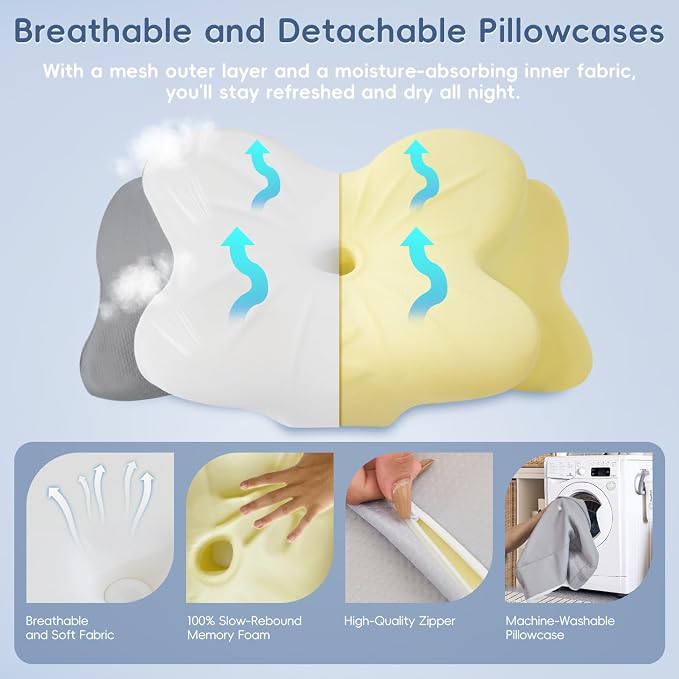 Cervical Neck Pillow, Ergonomic Memory Foam Pillow for Neck Pain Relief with Dual-Height Design, Breathable Cover, Neck Support for Side Back & Stomach Sleepers, Odorless White 1 pcs