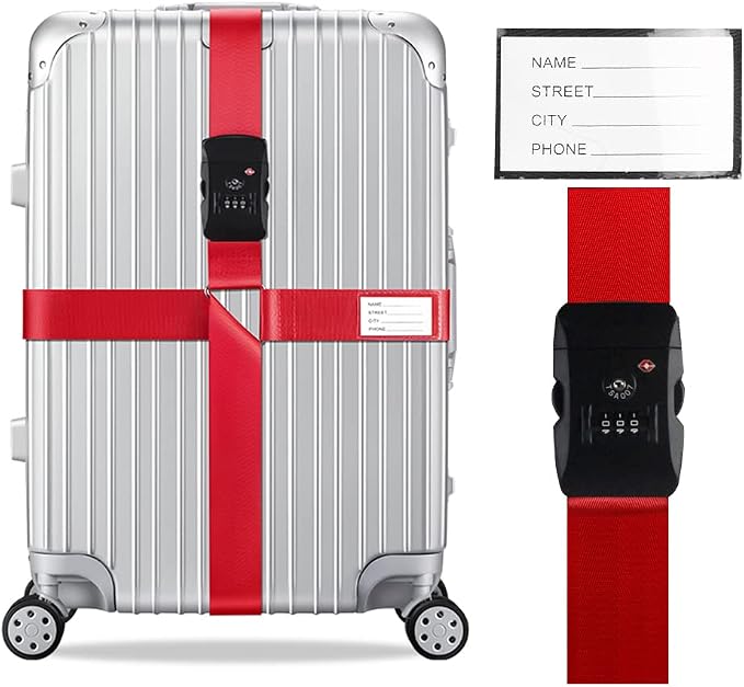 Veki Cross Luggage Straps Set TSA Approved with Lock Adjustable Travel Suitcase Belts Suitcase Tags with Name ID Card Packing Straps for Suitcases Strap Travel Accessories (Red 1pcs)