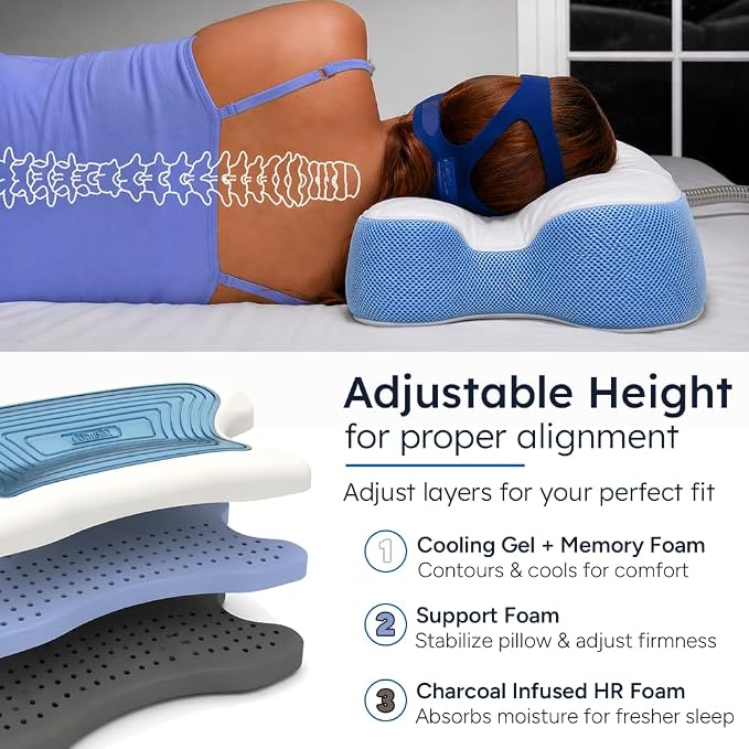 Contour CPAPMax Cooling Gel - CPAP Pillow for Side, Back and Stomach Sleepers with Adjustable Memory Foam - Pillow for CPAP Users, Sleeping with Mask