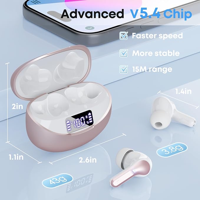 Wireless Earbuds, Bluetooth 5.4 Headphones HiFi Stereo 50H Playback LED Digital Display Ear Buds with ENC Noise Canceling Headset, IPX7 Waterproof Earphones for Running/Workout (Rose Gold)