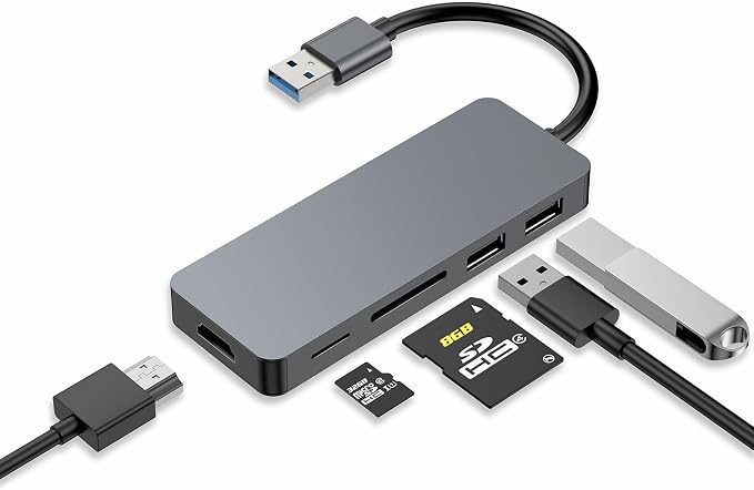 USB 3.0 A-Hub, 5-in-1 Multiport Adapter with HDMI, 2X USB2.0, SD/TF Card Reader, Docking Station for Laptop, Monitor, Desktop & TV, Compatible with Windows/Mac OS