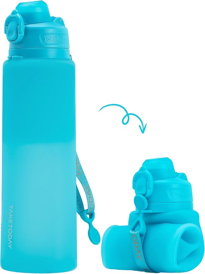 TakeToday Collapsible Water Bottles 20oz and 32oz, Leak Proof, BPA-Free, Foldable Silicone Travel Water Bottle with Straw Strap for Cycling, Hiking, Outdoors