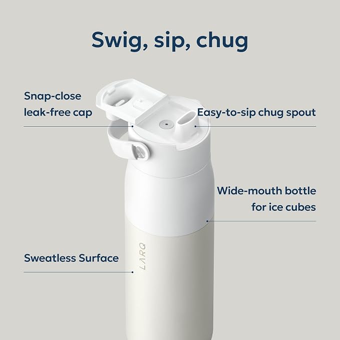 LARQ Swig Top — Insulated Stainless Steel Water Bottle with Straw, Detachable Silicone Handle, Vacuum 24h Cold, BPA-Free Metal Bottle for Gym, Travel, Office, Wide Mouth for Ice — 34 oz, Granite White