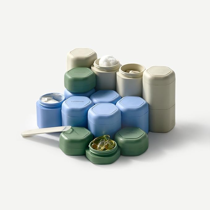 Cadence Travel Containers Basic Skincare Set - Magnetic Containers with Lids,Carry On Travel Essentials For Women/Men - 3 Small Capsules (0.56oz) - Cleanser, Moisturizer & Sun-Icon Labels - Sand