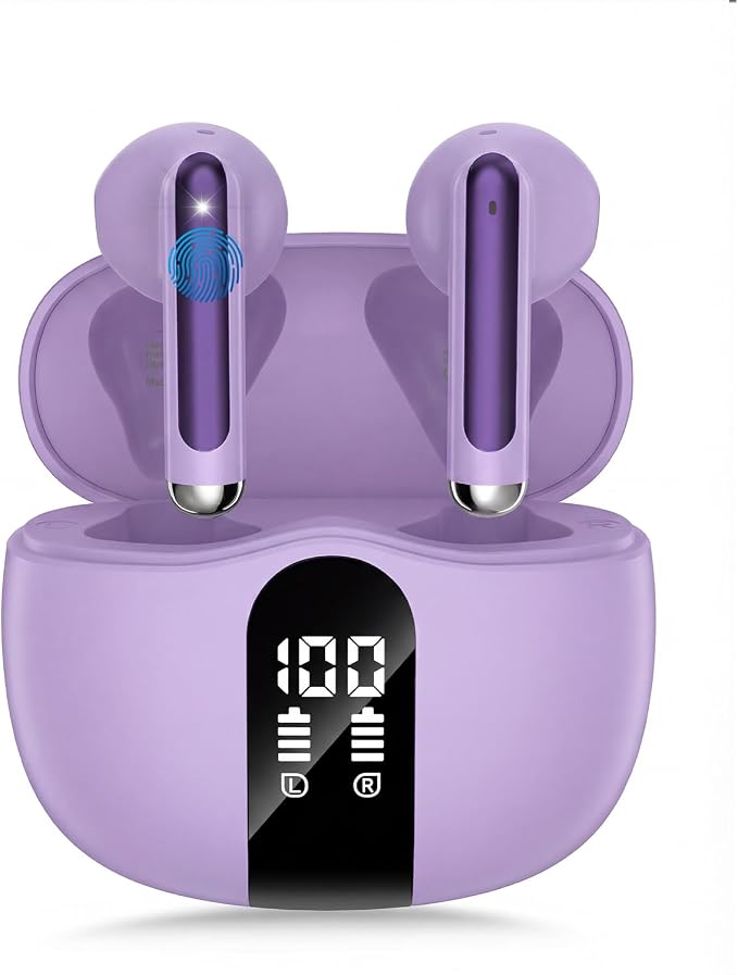 Wireless Earbuds, 2026 Bluetooth 5.4 Headphones Bass Stereo Ear Buds with Noise Cancelling Mic, LED Display in Ear Earphones 50H Playtime Ear Buds, IP7 Waterproof for Laptop Pad Phones Pure Purple
