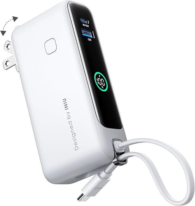INIU 3-in-1 Portable Charger, Small 10000mah 30W Fast Charging Power Bank with Built-in USB C Cable and Foldable AC Plug, Flight Cruise Ship Travel Phone Charger for College Students Boys Girls, White