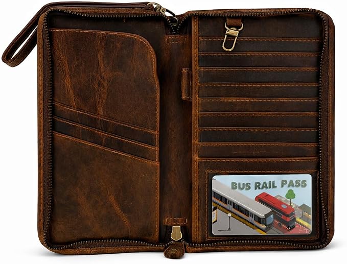 Brown Leather Family Passport Holder - Travel Document Organizer Wallet with Card Slots ID Window Zipper Closure for Multi Passport Storage Travel Use, 5 x 9