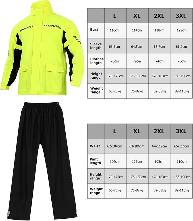 Men's Reflective Rain Gear Motorcycle Rain Suit with Hooded Nylon Waterproof Jacket Pants and Shoe Covers for Cycling and Night Riding