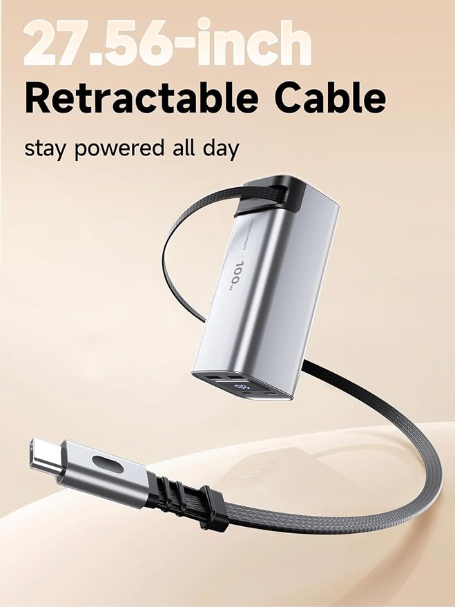 REWONDER 100W Power Bank Fast Charging 20000mAh with Built-in Retractable USB-C Cable, Portable Charger for MacBook Laptop, iPhone 17/16 Series, Samsung, TSA Approved for Air Travel