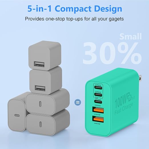 QZIIW USB C Wall Fast Charger Block, 100W 5-Port Type C Fast Charging Block 3 Pack-PD Power Charger Adapter QC 3.0 USB Multiport Charger Brick for iPhone 17 16, Samsung Series MacBook/Air, iPad, etc.