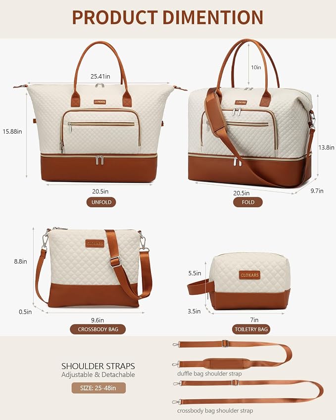 Large Weekender Bags for Women Travel, Under Seat Carry On Bags for Airplanes Overnight Bag with Shoe Compartment Luggage Sleeve, Foldie Travel Tote Bag Hospital Bag, Travel Gifts, Beige Brown