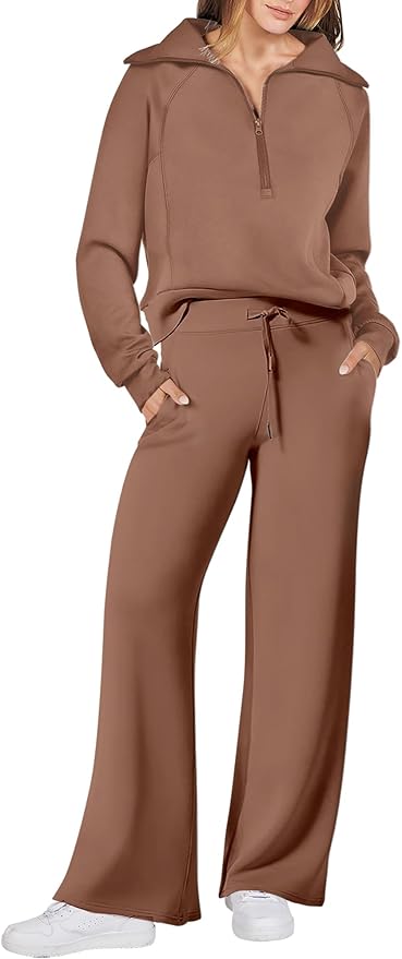 ANRABESS Women’s 2 Piece Outfits Half Zip Sweatshirt & Wide Leg Pants Airport Travel Lounge Matching Sets Sweatsuits Clothing