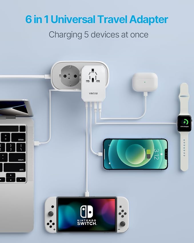 Universal Travel Adapter, VINTAR 70W GaN International Power Adapter with 5 USB Ports (3 USB-C), Worldwide Travel Plug Adaptor, All in One Travel Essentials Outlet Converter for UK/EU/USA/AUS, White