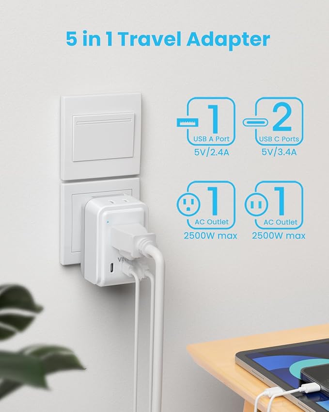 VINTAR Universal Travel Adapter Kit, International Power Adapter with 3 USB Ports(2 USB C) and 2 AC, Type A,B,C,D,E/F,G,I,M Detachable Attachments, Adapter for India/South Africa/Europe/UK