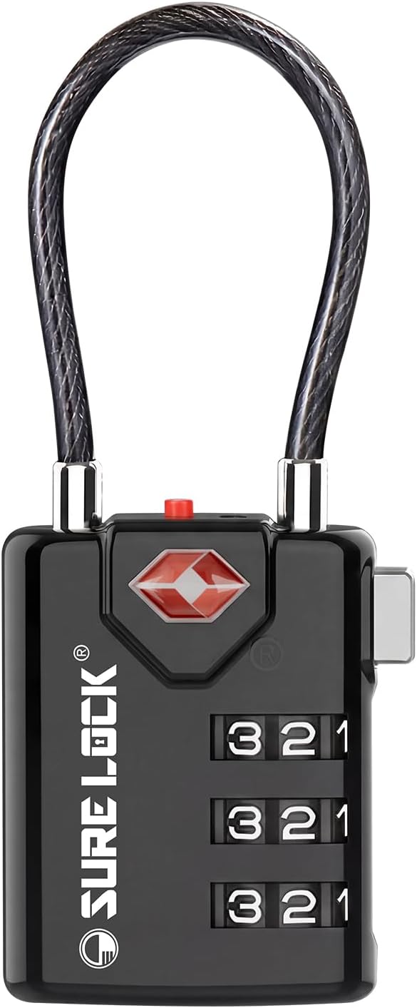 SURE LOCK TSA Approved Luggage Locks with Open Alert Indicator, 3 Digit Combination Cable Travel Lock for Suitcase, Backpack, Gym Locker, Toolbox & Travel Bag（1 Black）