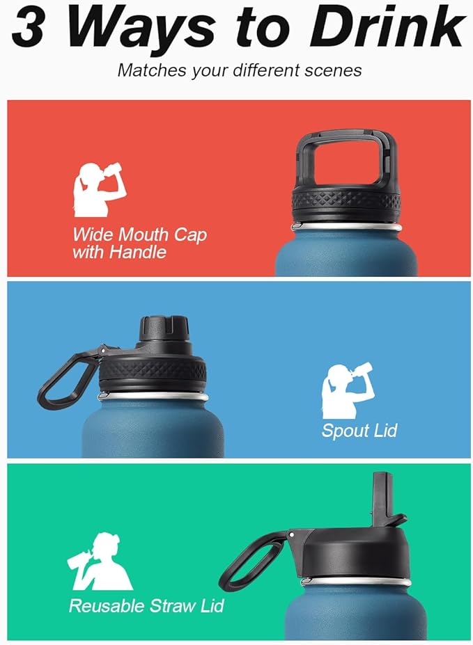 Water Bottle 32 oz Insulated with Straw, Coolflask Stainless Steel Metal 3 Lids Water Flask Wide Mouth for Sports or Office, Non-BPA Keep Cold Up to 48 Hrs or Hot Up to 24 Hrs, Samurai Cyan