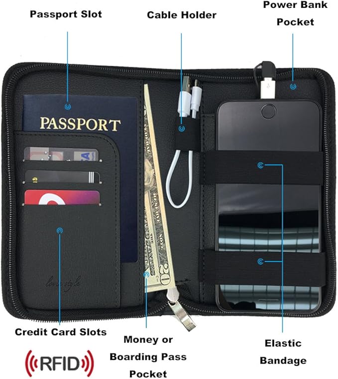 Phone Charging Passport Holder - Travel Wallet with Removable Power Bank holds money, cards, phone, travel docs- RFID Blocking - Compatible with All Phones - Travel Accessories