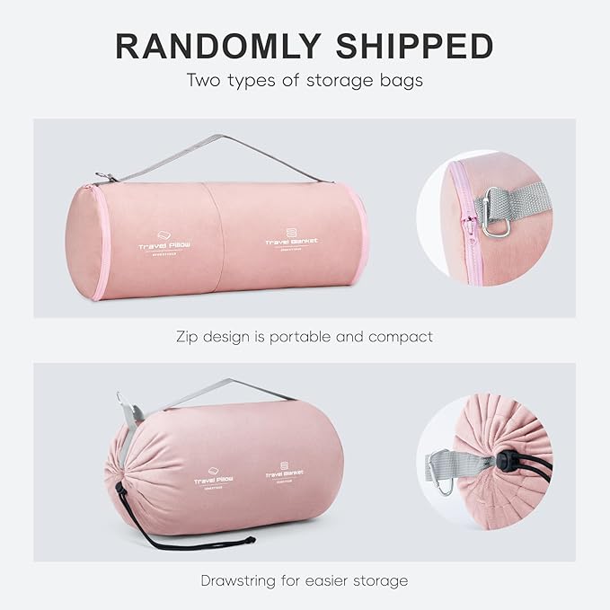 urnexttour Travel Pillow and Blanket Set Neck Pillows Travel Essentials with Sleep Mask for Airplane Car Memory Foam Pink