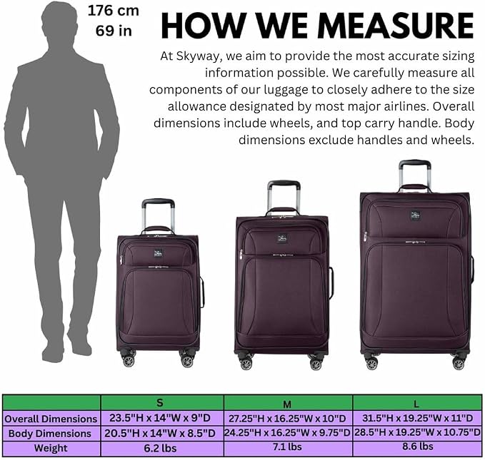Skyway Epic Softside Medium Checked Luggage - Lightweight Suitcase with Wheels | TSA Approved Travel Bag | Spinner Suitcase | Large Luggage Set with Telescoping Handle, 24 inch, Plum