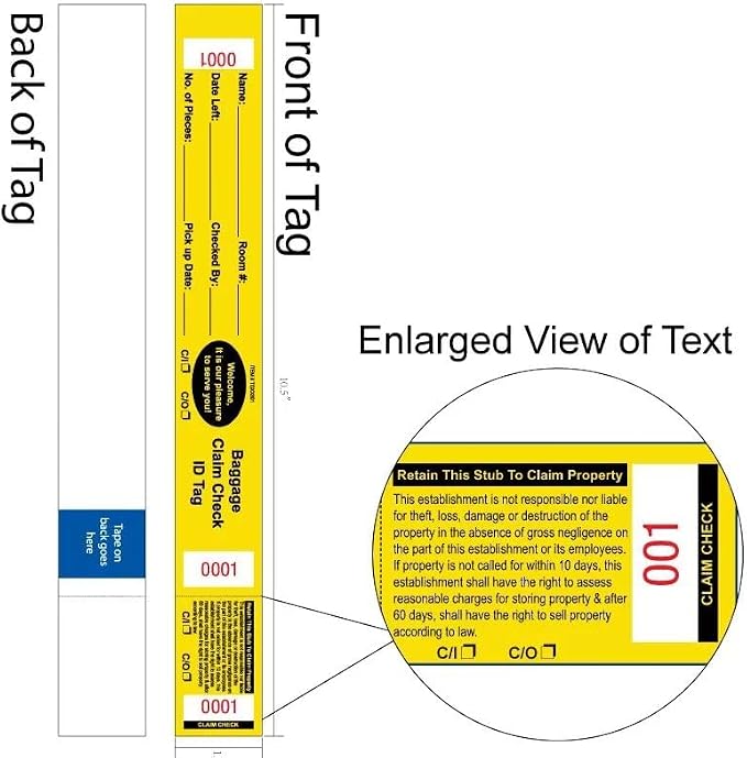 1000 Baggage Claim Check Tags Made from Yellow Card Stock, with Transfer Tape on Back, Printed in Black with Red Consecutive Numbering. Bag Identification Tag Size: 10 1/2" x 1 1/4"