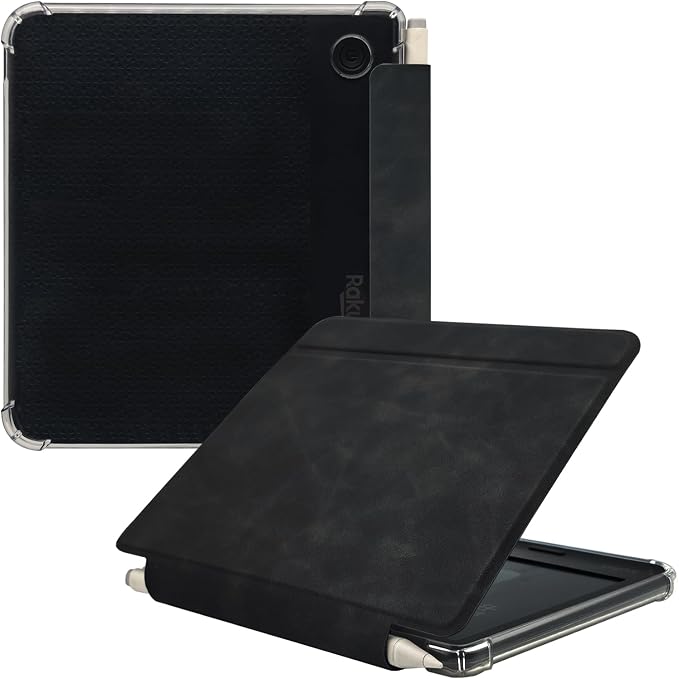 Folio Leather Case for 7" Kobo Libra Colour (2024) eReader - Ultra-Thin Enhanced Auto Sleep/Wake Cover with Transparent TPU Back, Magnetic Closure, Stylus Holder (Black)