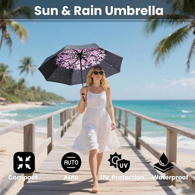 SIEPASA Compact Travel Umbrella - Windproof Auto Open/Close, Small Folding Umbrella for Rain & Sun with UPF50+ - Lightweight Frame, Waterproof - Fits Backpack, Purse, Suitcase.(Pink Cherry Bossom)