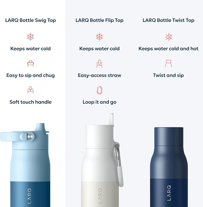 LARQ Swig Top — Insulated Stainless Steel Water Bottle with Straw, Detachable Silicone Handle, Vacuum 24h Cold, BPA-Free Metal Bottle for Gym, Travel, Office, Wide Mouth for Ice — 34 oz, Amalfi Blue
