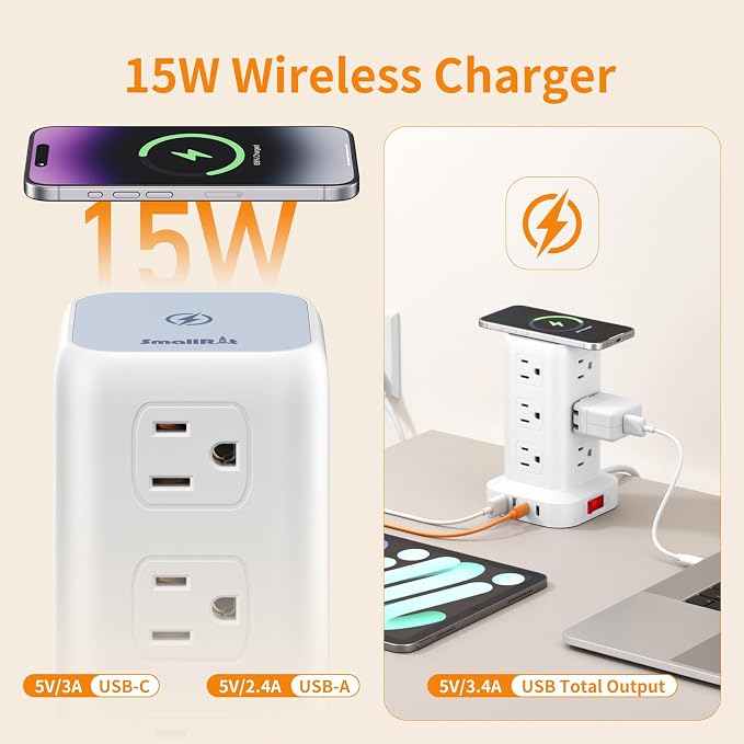 Extension Cord with Multiple Outlets, SMALLRT Surge Protector Power Strip Tower, Outlet Extender with 12 AC Outlets 4 USB, 6.5FT Extension Cord for Home Dorm Room, Office Supplies,Overload Protection