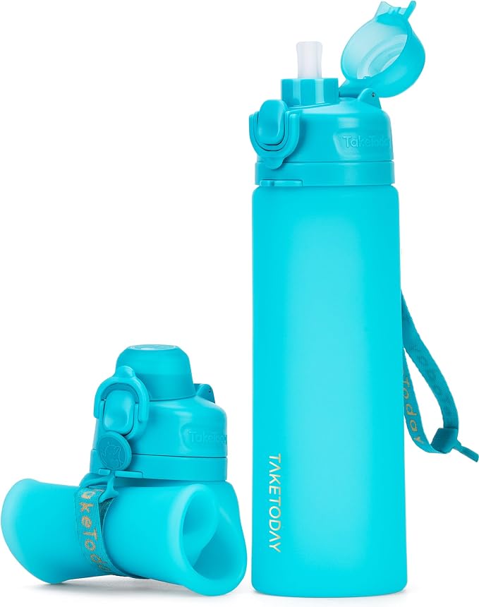 TakeToday Collapsible Water Bottles 32oz Blue and 20oz Blue, Foldable Travel Water Bottle with Strap, BPA Free, Silicone Water Bottle Leakproof for Hiking, International Travel, Outdoors