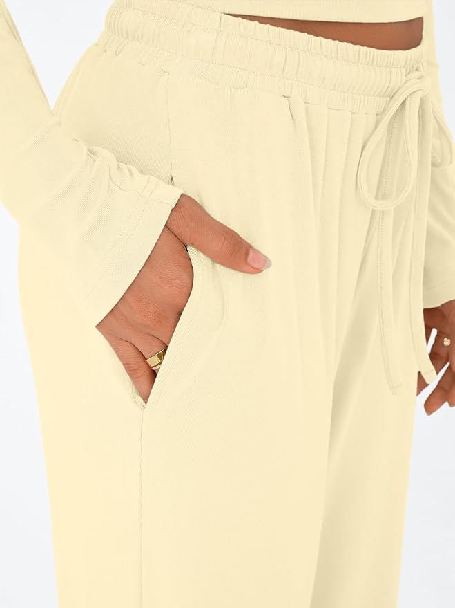 Trendy Queen Women's 2 Piece Matching Lounge Set Long Sleeve Side Ruching Top Wide Leg Drawstring Pants Set with Pockets