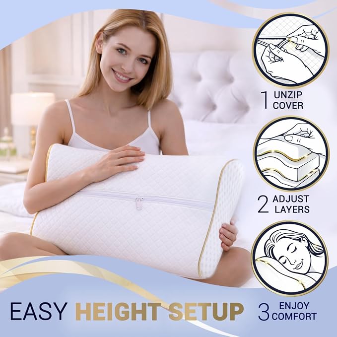 Memory Foam Pillow, Cervical Pillow (2 Pack) 4-Layer Queen, Contour Pillow, Side Sleeper, Neck Support, Pillow for Neck Pain
