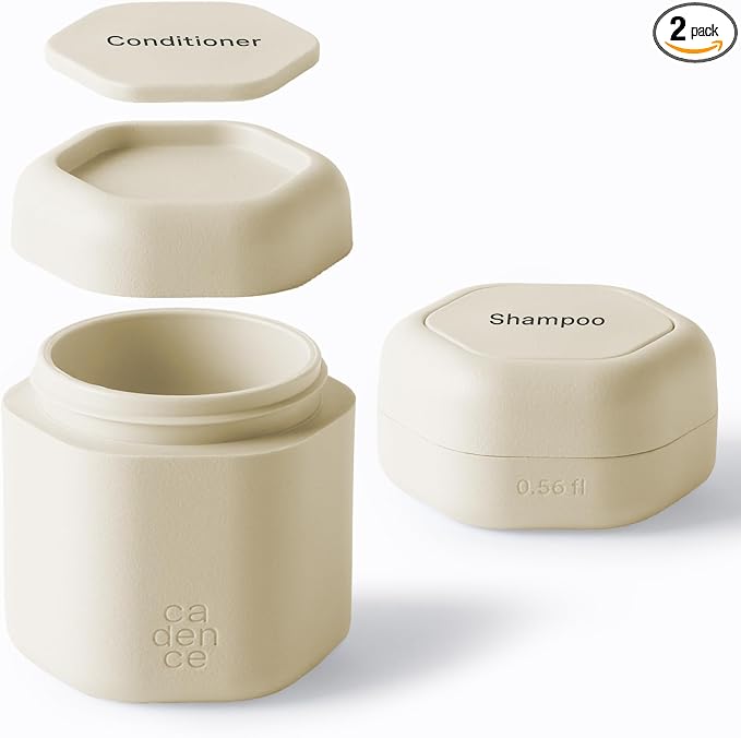 Cadence Travel Containers - 2 Piece Haircare Set - Magnetic Travel Capsules - For Shampoo, Conditioner, Hair Styling Product - 1 Small & 1 Medium Capsule - Shampoo & Conditioner Labels - Sand