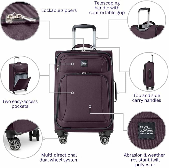 Skyway Epic Softside Medium Checked Luggage - Lightweight Suitcase with Wheels | TSA Approved Travel Bag | Spinner Suitcase | Large Luggage Set with Telescoping Handle, 24 inch, Plum