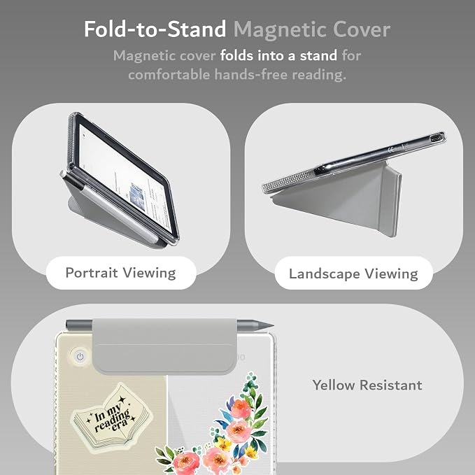 TUDIA M-FLIP Detachable Clear Magnetic Case for Kobo Libra Colour (2024) - [Auto Wake/Sleep] Shockproof Slim Transparent Back Magnetic Fold Cover with Stylus Holder (Grey)